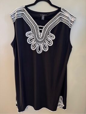 ALFANI WOMAN Embroidered Trim BOHO Dress Tunic Top Black & White Size 3X